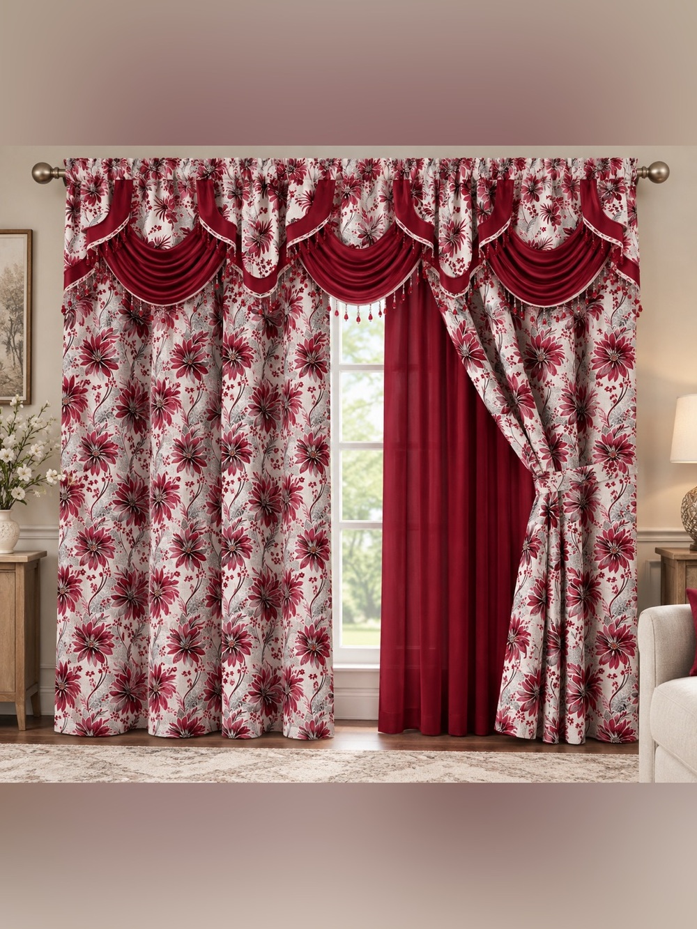 Floral Burgundy Window Curtain Set with Valance